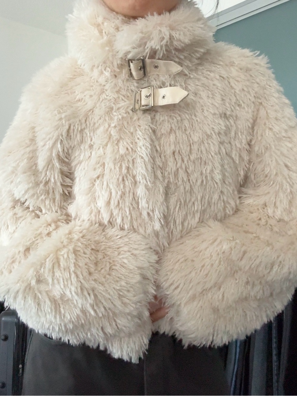 Chico Japan Cream Faux Fur Cropped Jacket - High Neck Buckle Details